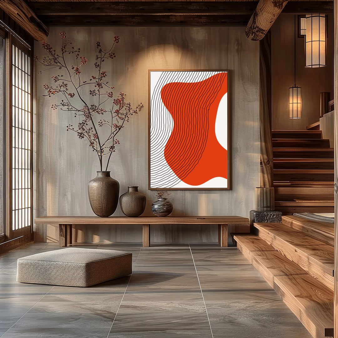 This striking abstract piece features dynamic flowing lines against a vivid orange backdrop. The for Hall