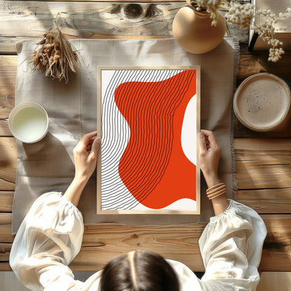 This striking abstract piece features dynamic flowing lines against a vivid orange backdrop. The for Kitchen