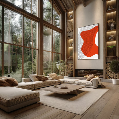 This striking abstract piece features dynamic flowing lines against a vivid orange backdrop. The for Living Room