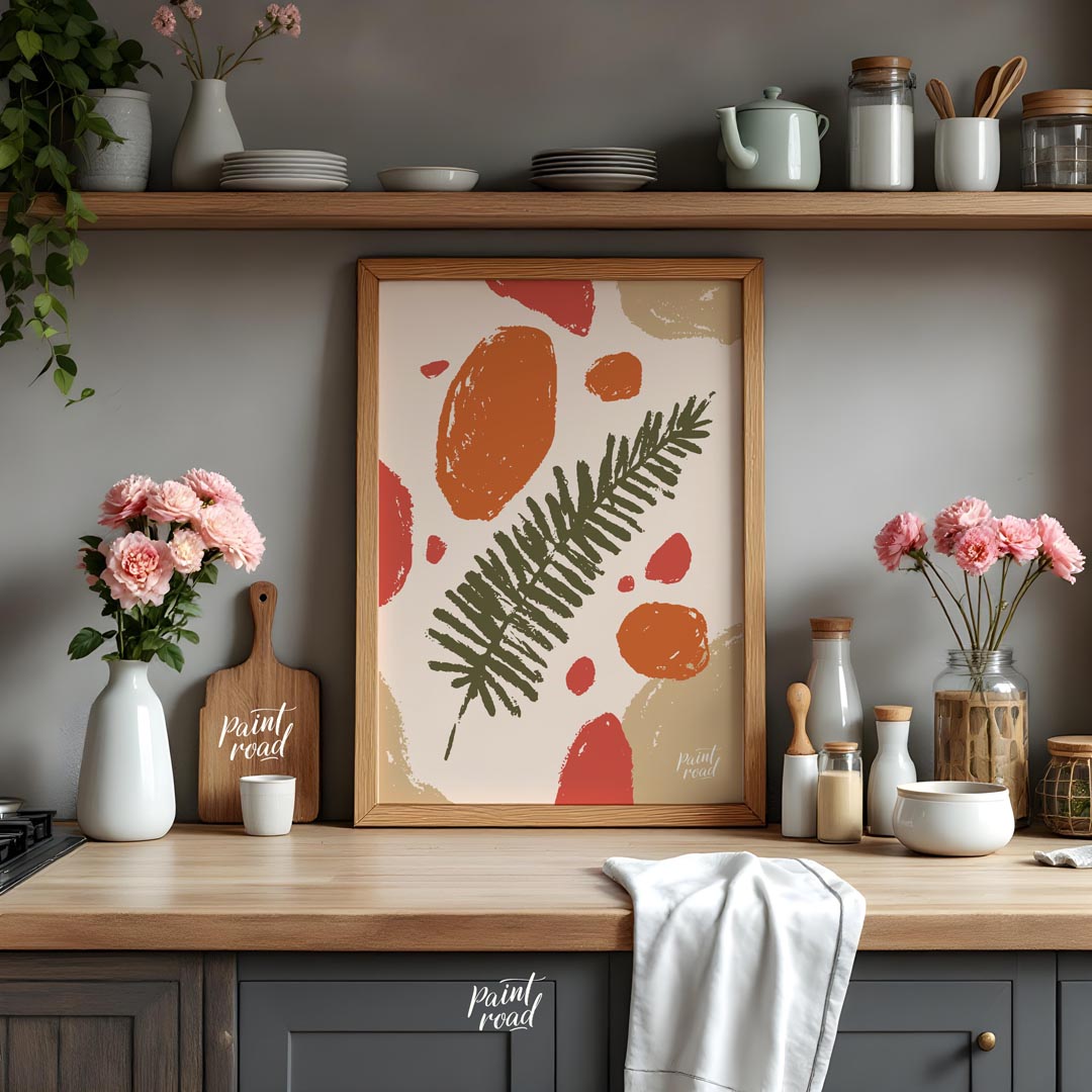 This abstract and earthy illustration features a central dark green fern frond or similar leafy bra… for kitchen