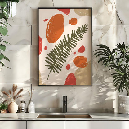 This abstract and earthy illustration features a central dark green fern frond or similar leafy bra… for kitchen