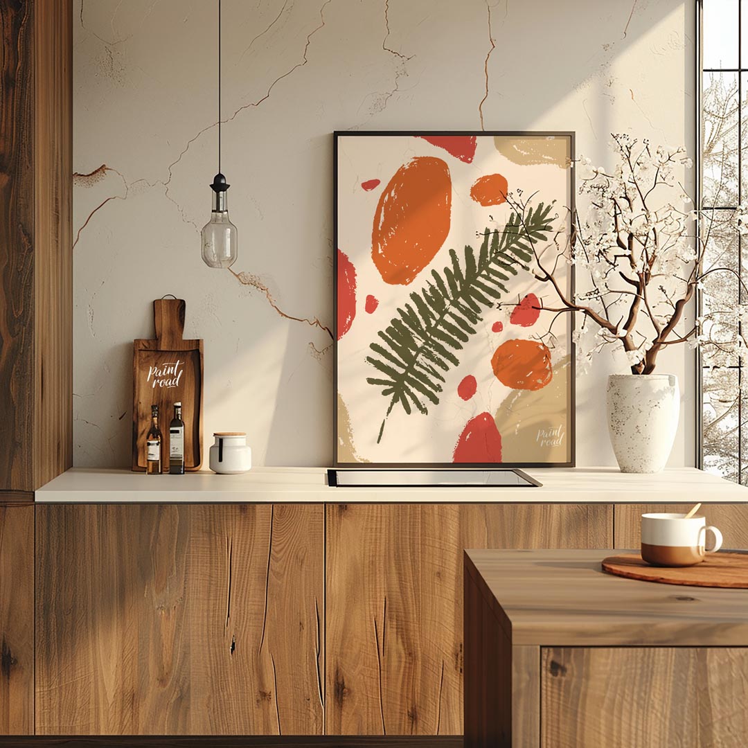 This abstract and earthy illustration features a central dark green fern frond or similar leafy bra… for kitchen