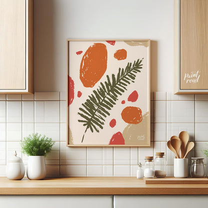 This abstract and earthy illustration features a central dark green fern frond or similar leafy bra… for kitchen