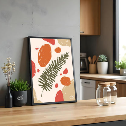 This abstract and earthy illustration features a central dark green fern frond or similar leafy bra… for kitchen