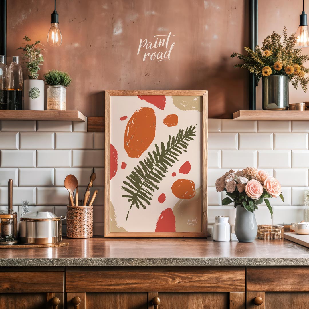 This abstract and earthy illustration features a central dark green fern frond or similar leafy bra… for kitchen