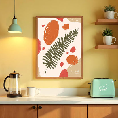 This abstract and earthy illustration features a central dark green fern frond or similar leafy bra… for kitchen