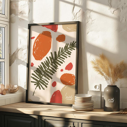 This abstract and earthy illustration features a central dark green fern frond or similar leafy bra… for kitchen