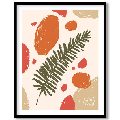 This abstract and earthy illustration features a central dark green fern frond or similar leafy bra… for place