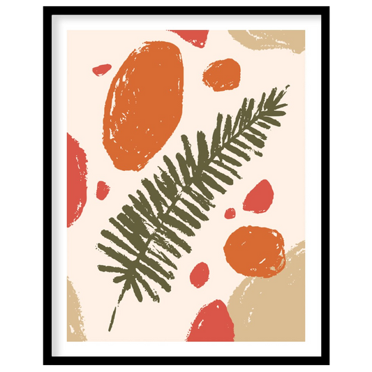 This abstract and earthy illustration features a central dark green fern frond or similar leafy bra… for place