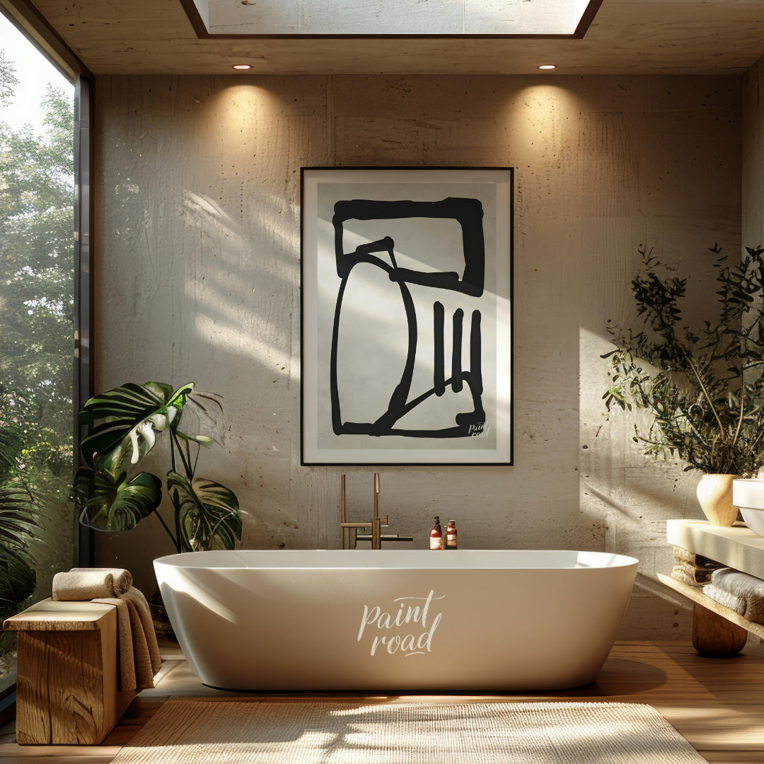 This artwork features a bold, abstract form rendered in thick black lines against a textured light … for bathroom