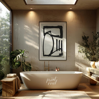 This artwork features a bold, abstract form rendered in thick black lines against a textured light … for bathroom