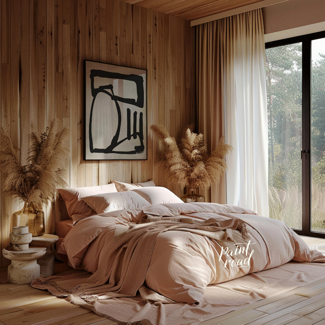 This artwork features a bold, abstract form rendered in thick black lines against a textured light … for bedroom