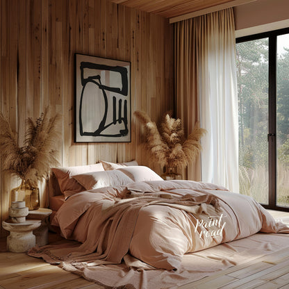 This artwork features a bold, abstract form rendered in thick black lines against a textured light … for bedroom