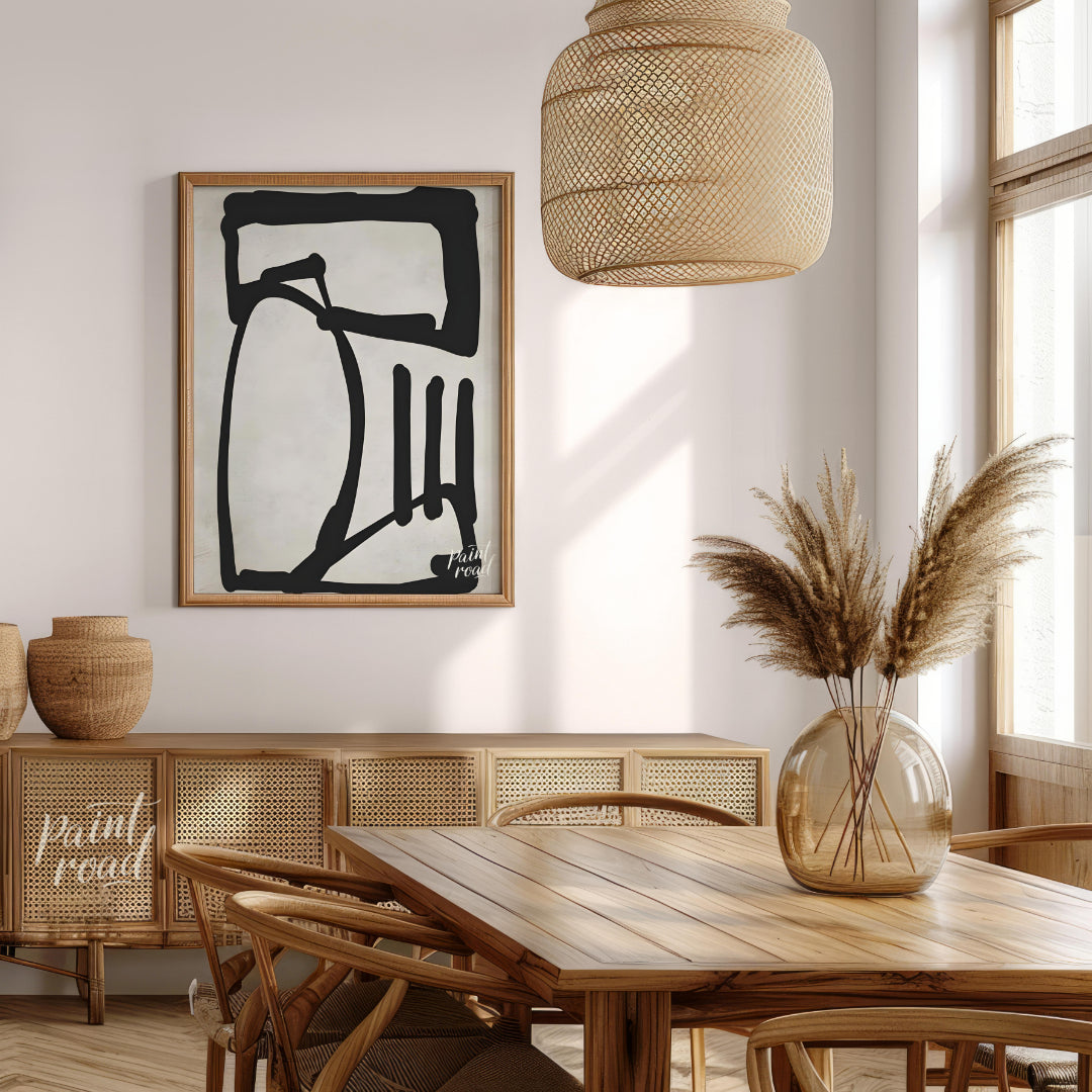 This artwork features a bold, abstract form rendered in thick black lines against a textured light … for dining room