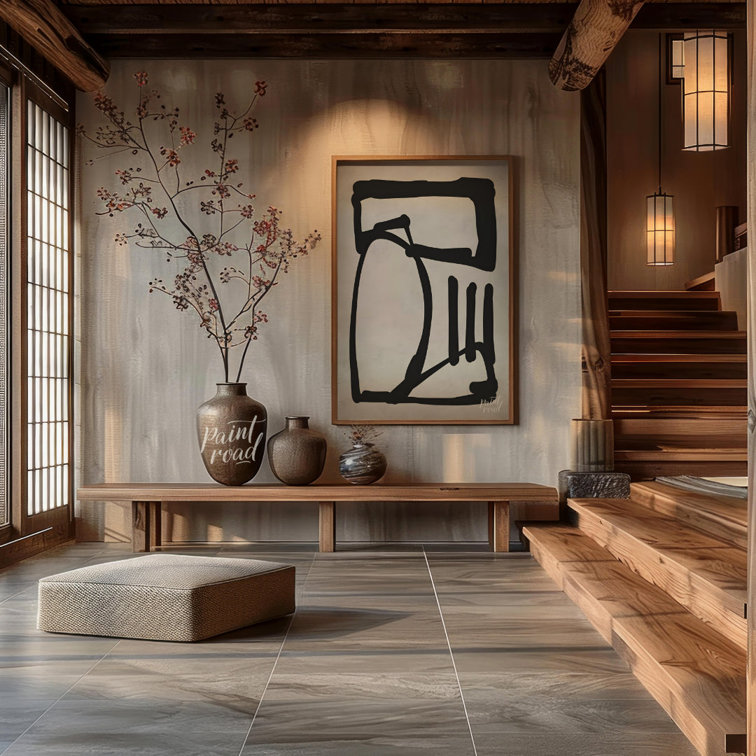 This artwork features a bold, abstract form rendered in thick black lines against a textured light … for entryway