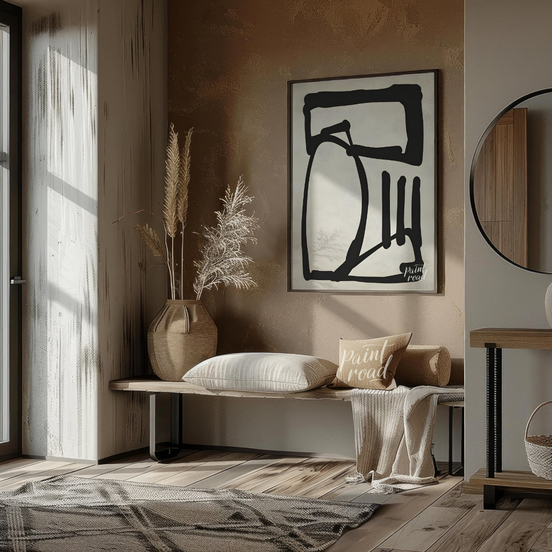 This artwork features a bold, abstract form rendered in thick black lines against a textured light … for entryway