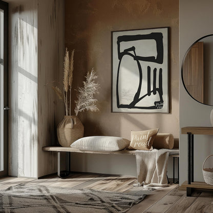 This artwork features a bold, abstract form rendered in thick black lines against a textured light … for entryway
