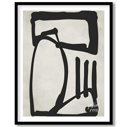This artwork features a bold, abstract form rendered in thick black lines against a textured light … for home