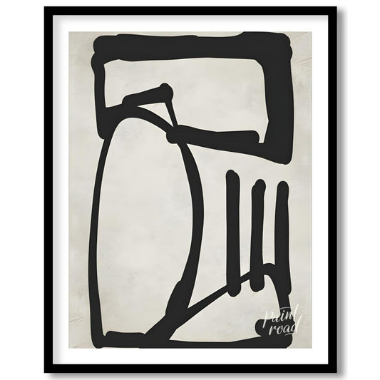 This artwork features a bold, abstract form rendered in thick black lines against a textured light … for home