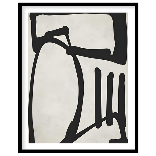 This artwork features a bold, abstract form rendered in thick black lines against a textured light … for home