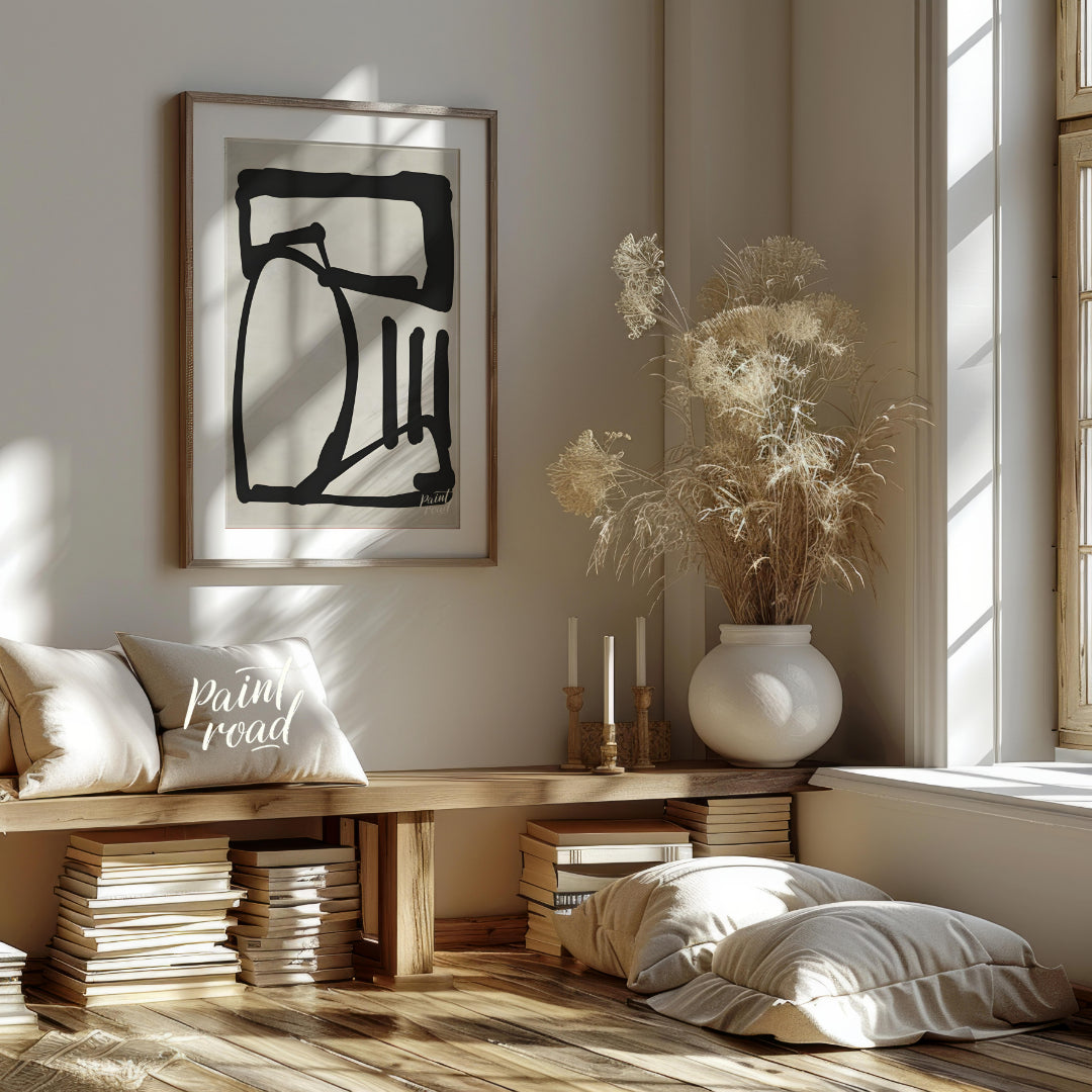 This artwork features a bold, abstract form rendered in thick black lines against a textured light … for living room