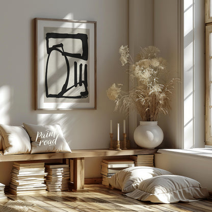 This artwork features a bold, abstract form rendered in thick black lines against a textured light … for living room