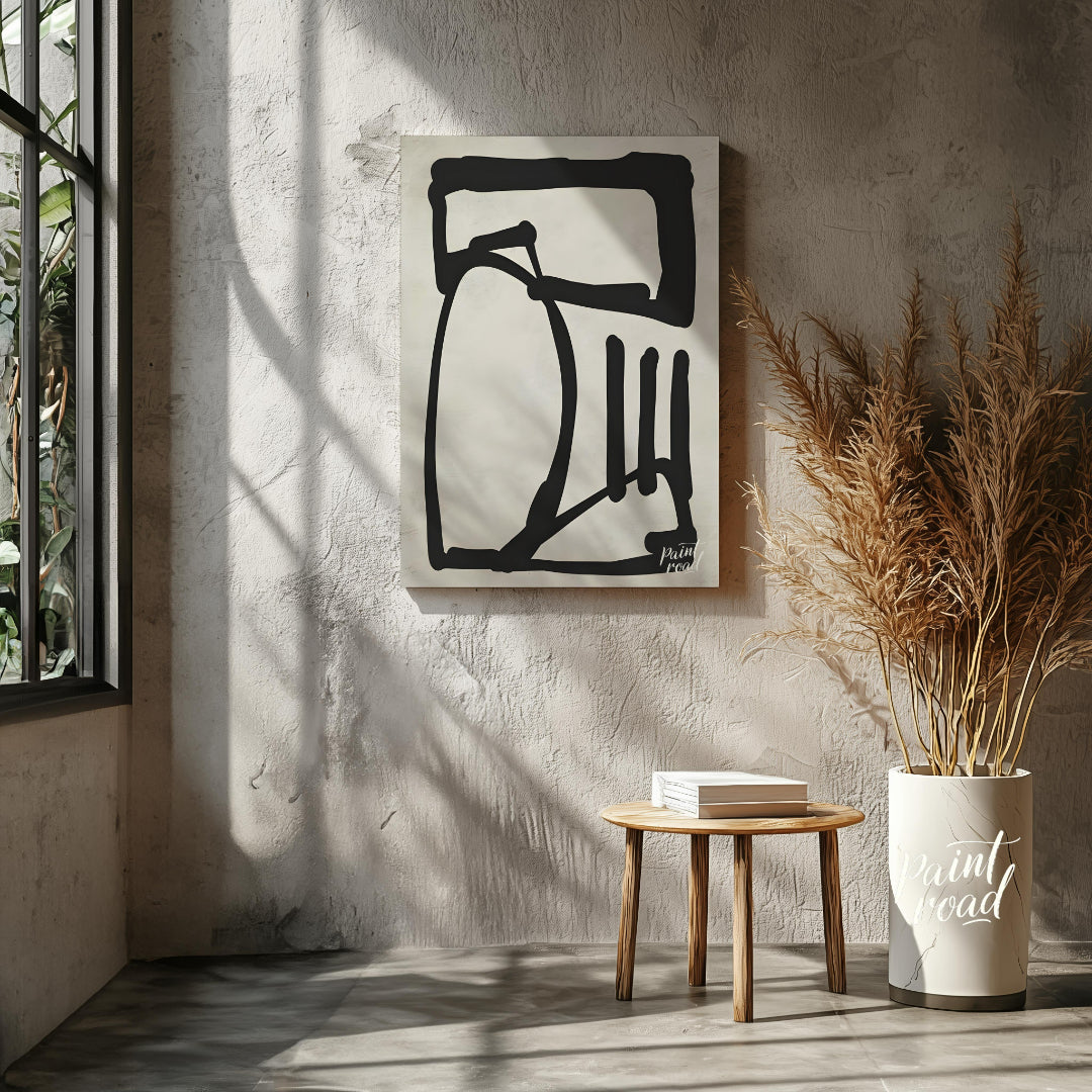 This artwork features a bold, abstract form rendered in thick black lines against a textured light … for living room