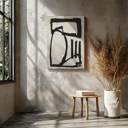 This artwork features a bold, abstract form rendered in thick black lines against a textured light … for living room