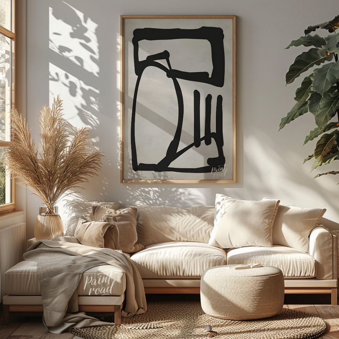 This artwork features a bold, abstract form rendered in thick black lines against a textured light … for living room