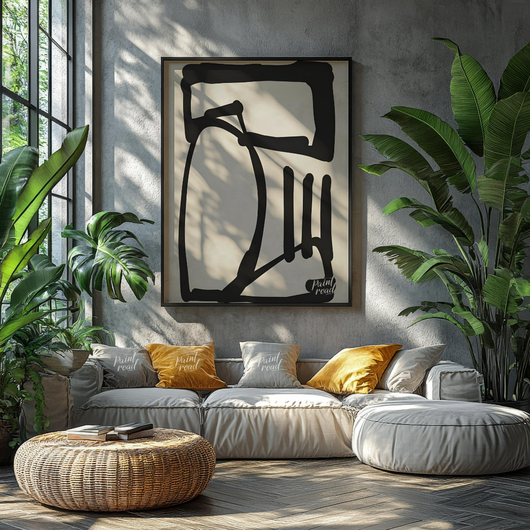 This artwork features a bold, abstract form rendered in thick black lines against a textured light … for living room