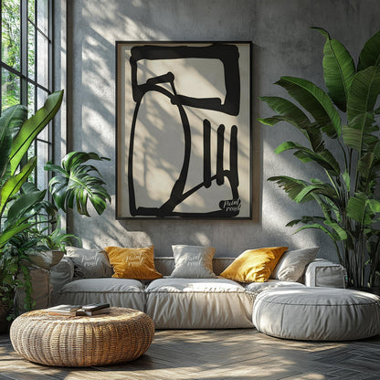This artwork features a bold, abstract form rendered in thick black lines against a textured light … for living room