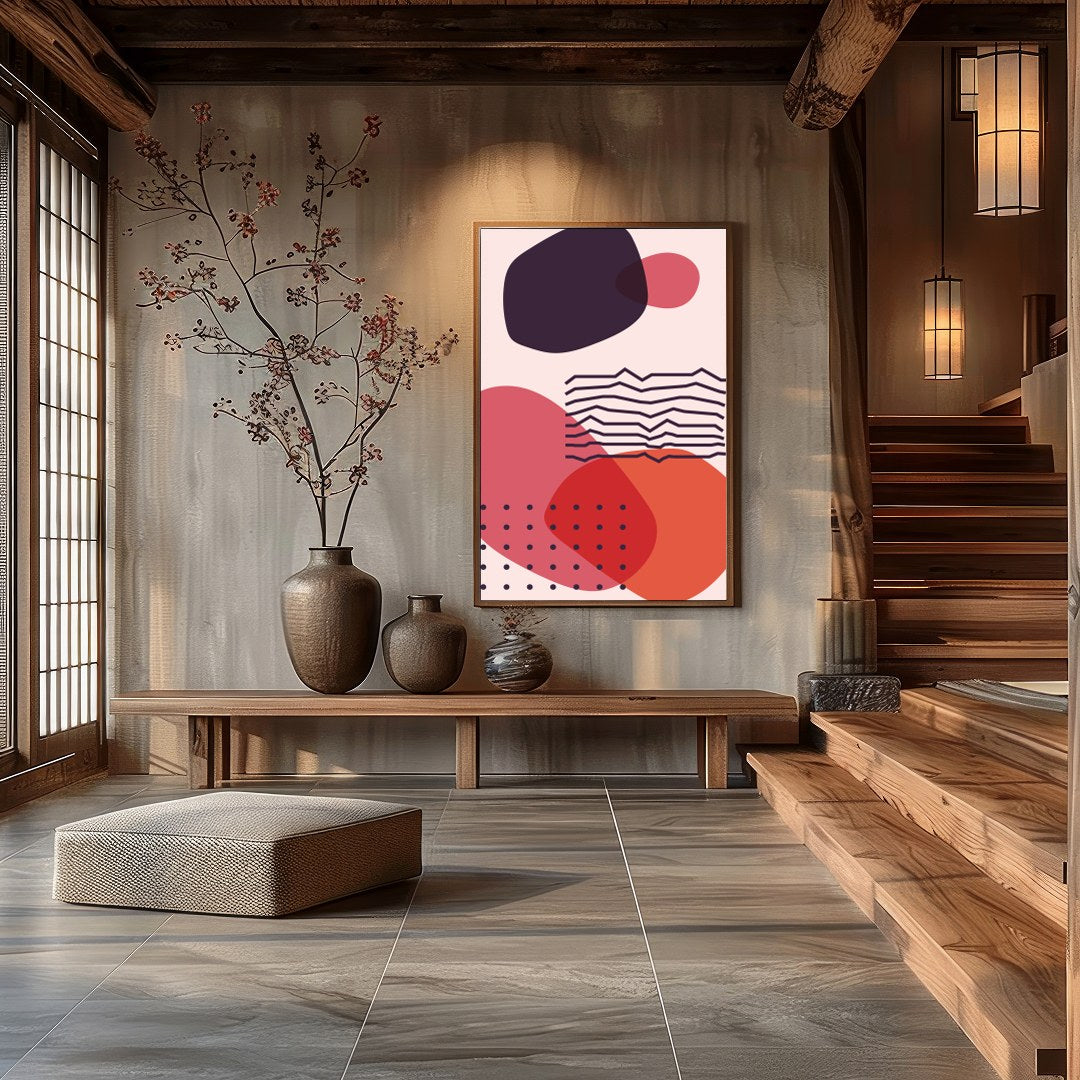 Elevate your space with this captivating abstract artwork featuring bold geometric shapes in for Hall