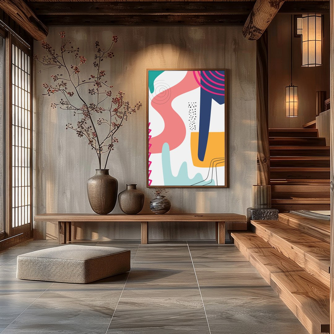 Dive into a world of vibrant colors and dynamic shapes with this captivating abstract piece. Its for Hall