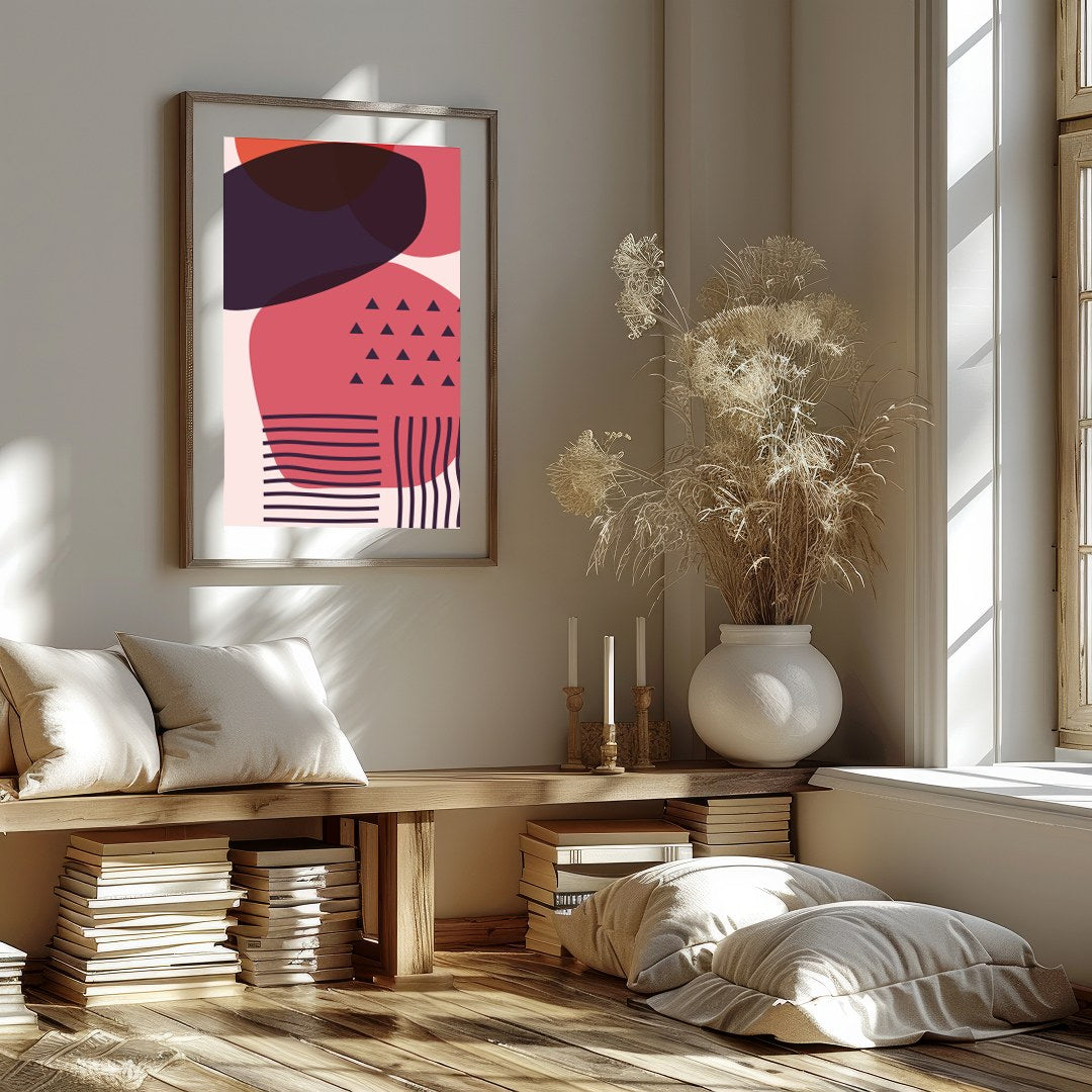 This striking piece of wall art features an abstract arrangement of overlapping geometric shapes in for abode