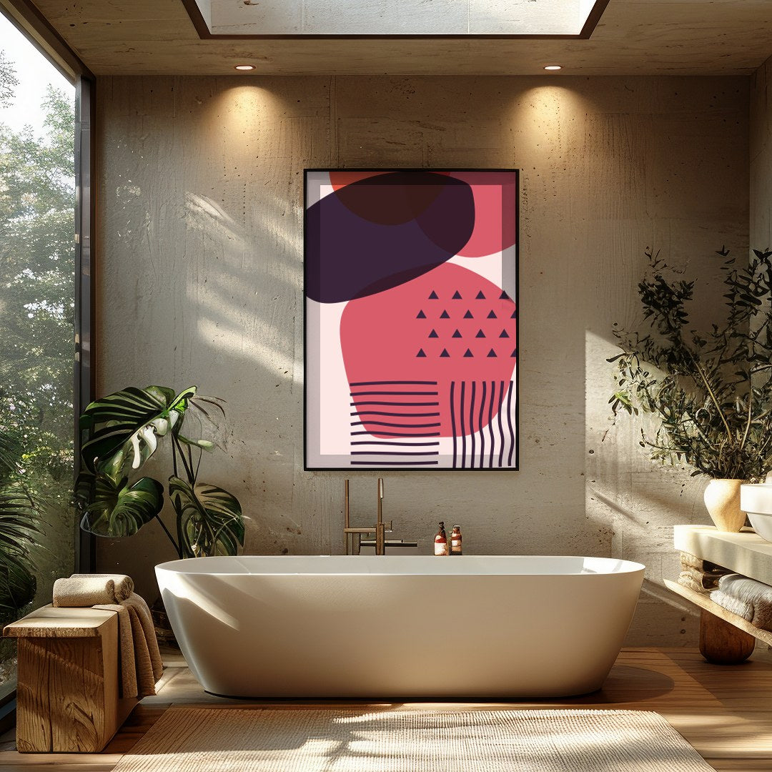 This striking piece of wall art features an abstract arrangement of overlapping geometric shapes in for Bathroom