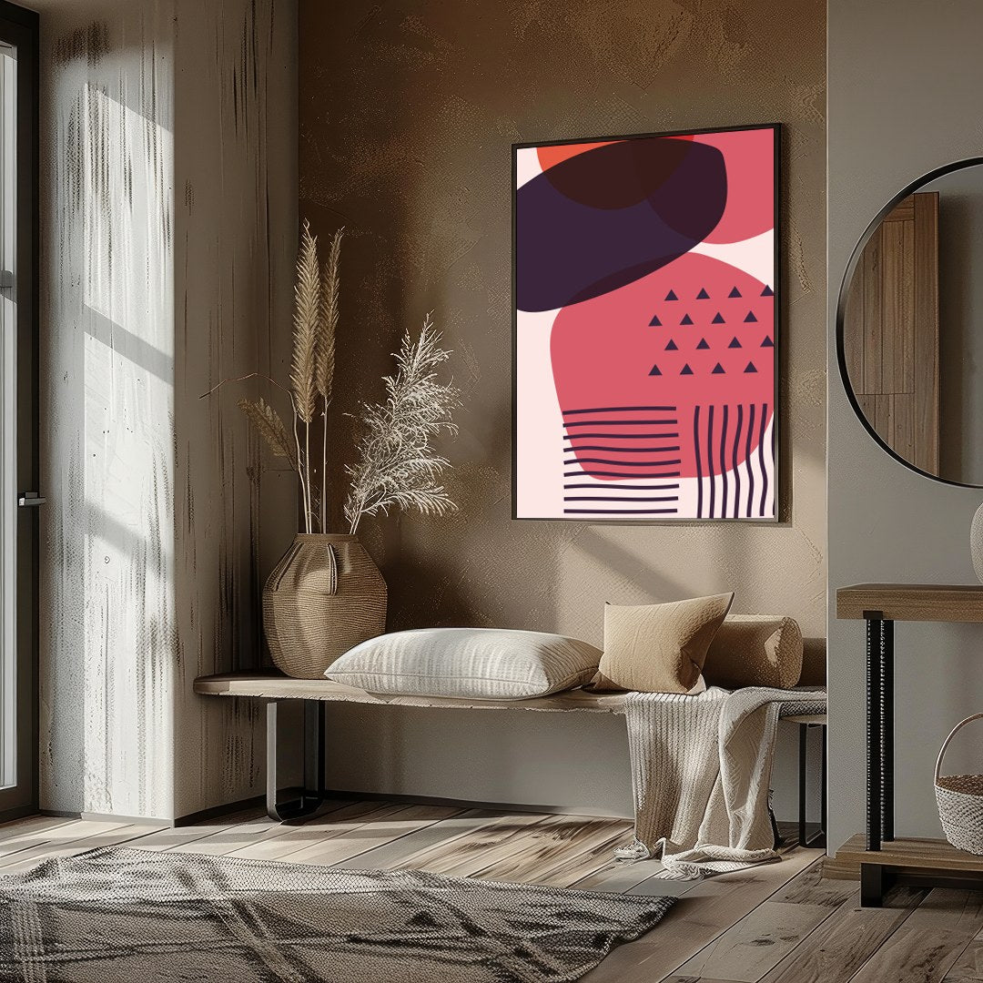 This striking piece of wall art features an abstract arrangement of overlapping geometric shapes in for room