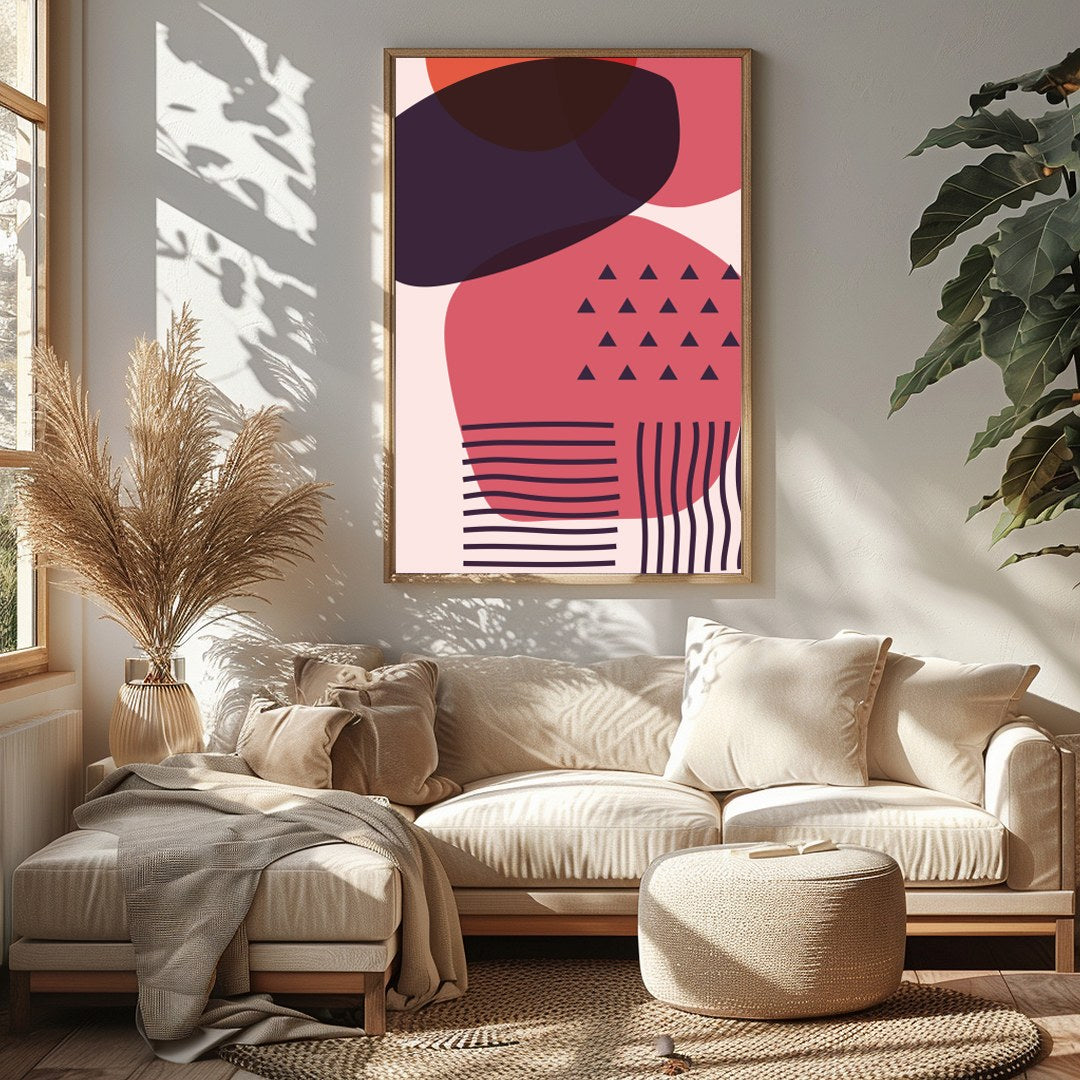 This striking piece of wall art features an abstract arrangement of overlapping geometric shapes in for Sitting Area