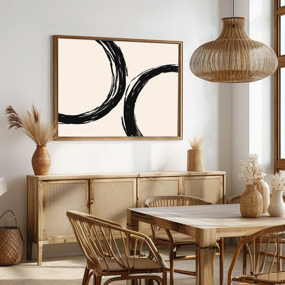 Elevate your space with 'Abstract Harmony,' featuring bold black circular brushstrokes against a for Dining