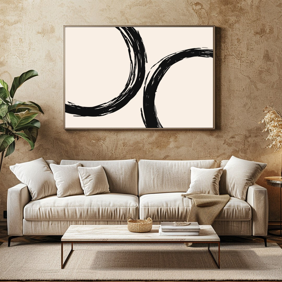 Elevate your space with 'Abstract Harmony,' featuring bold black circular brushstrokes against a for Family Room