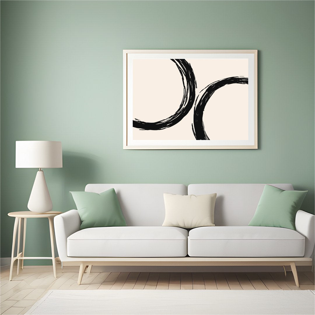 Elevate your space with 'Abstract Harmony,' featuring bold black circular brushstrokes against a for Hall