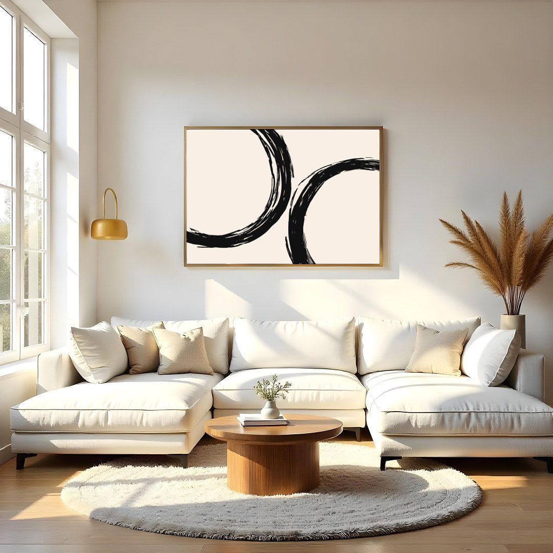 Elevate your space with 'Abstract Harmony,' featuring bold black circular brushstrokes against a for Living Room