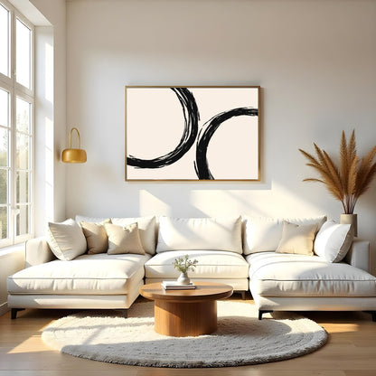 Elevate your space with 'Abstract Harmony,' featuring bold black circular brushstrokes against a for Living Room