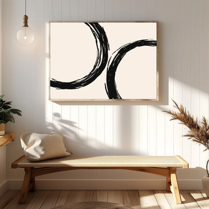 Elevate your space with 'Abstract Harmony,' featuring bold black circular brushstrokes against a for Hallway