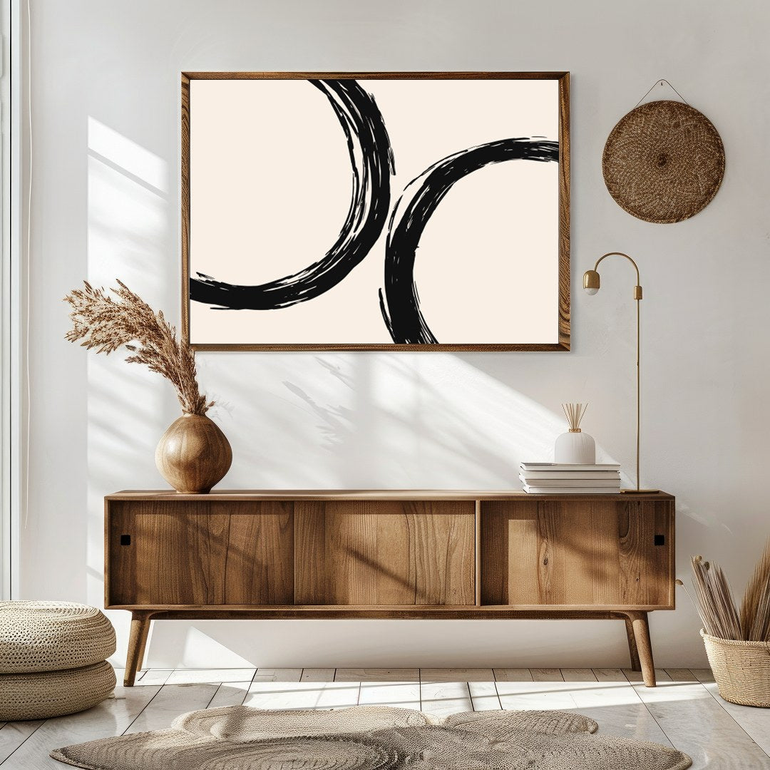Elevate your space with 'Abstract Harmony,' featuring bold black circular brushstrokes against a for Sitting Area