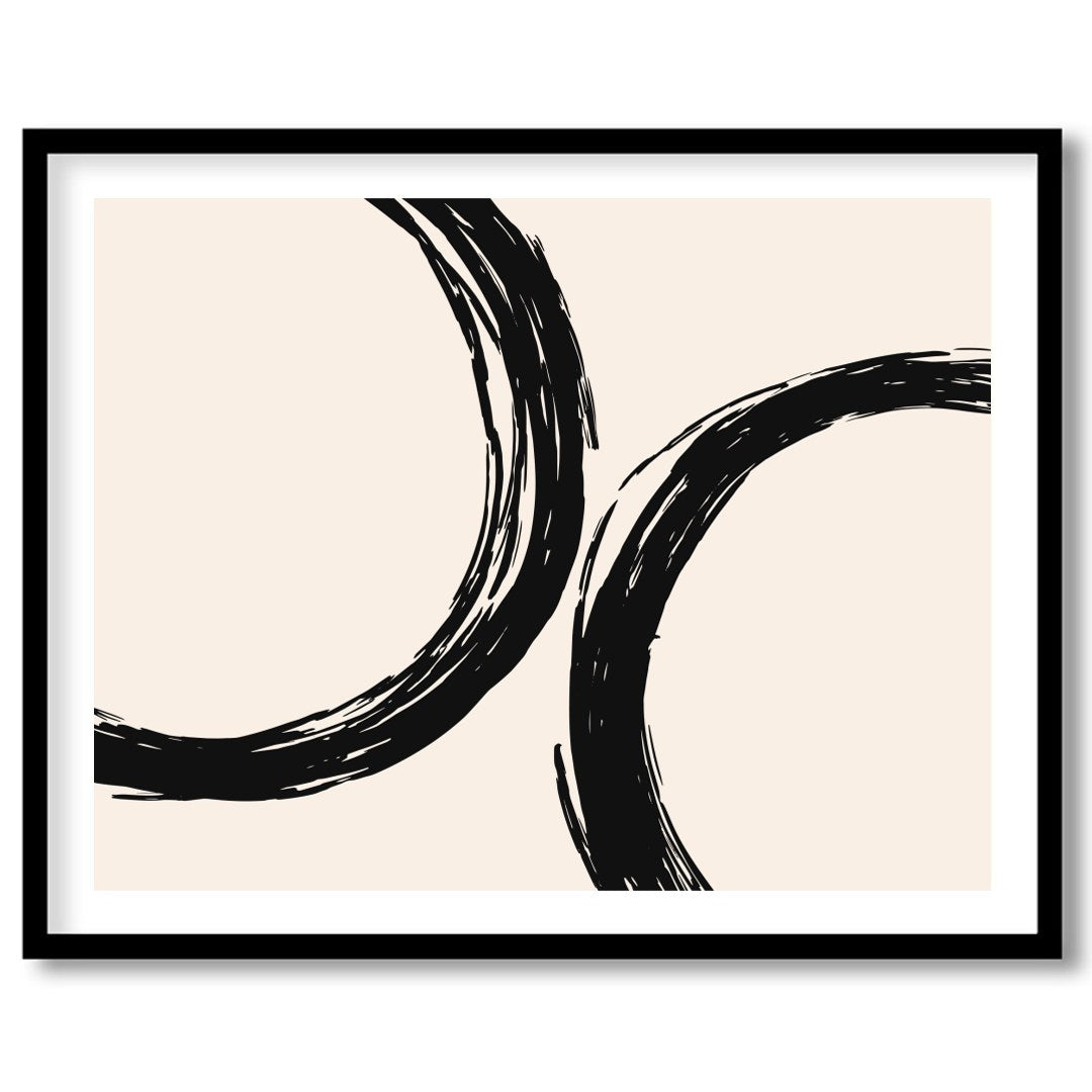 Elevate your space with 'Abstract Harmony,' featuring bold black circular brushstrokes against a for studio