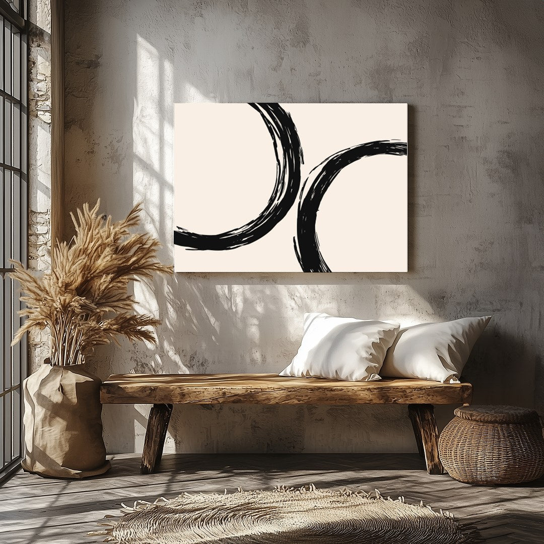 Elevate your space with 'Abstract Harmony,' featuring bold black circular brushstrokes against a for Veranda