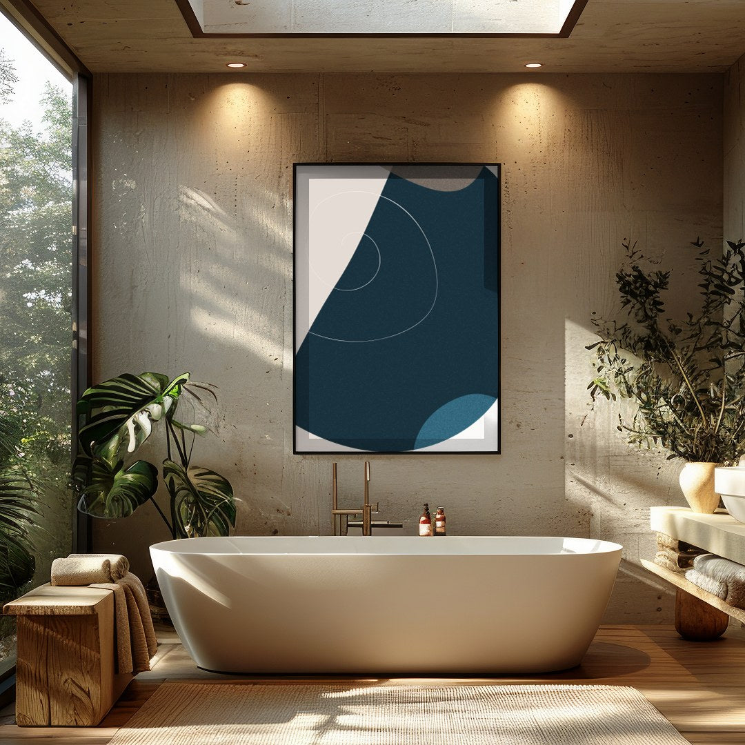 This captivating piece of abstract art beautifully balances geometric shapes with a soothing color for Bathroom