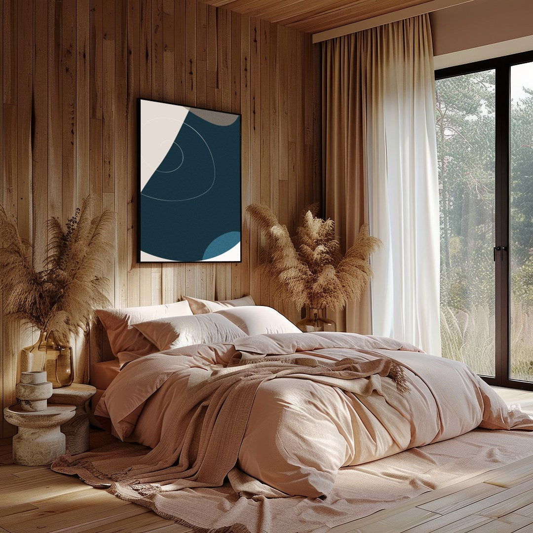 This captivating piece of abstract art beautifully balances geometric shapes with a soothing color for Bedroom