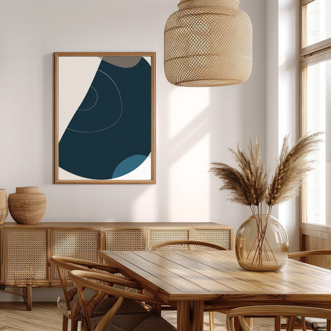 This captivating piece of abstract art beautifully balances geometric shapes with a soothing color for Extra Kitchen