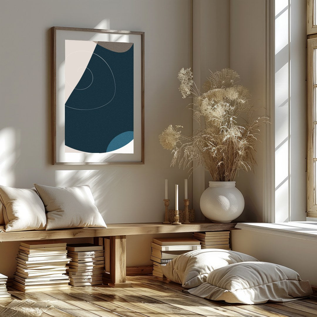 This captivating piece of abstract art beautifully balances geometric shapes with a soothing color for retreat